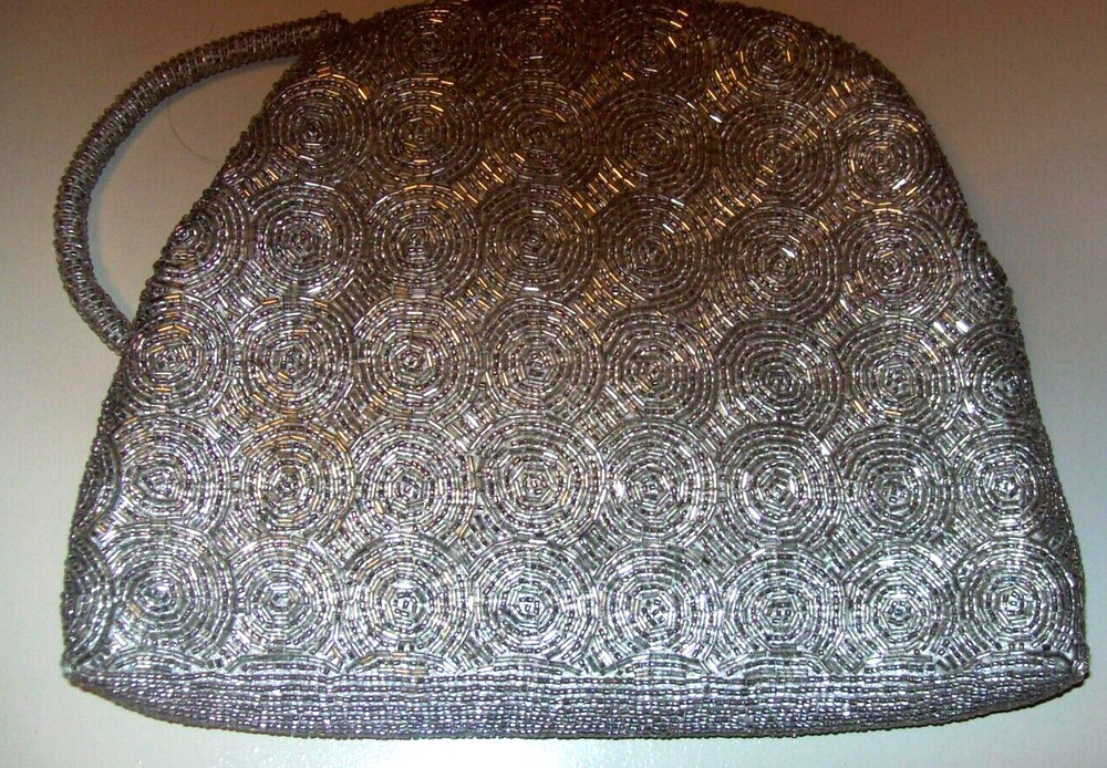 VTG Silver Circle Bead Patterned Purse Handbag w/ Beaded Handle Mirror & Comb