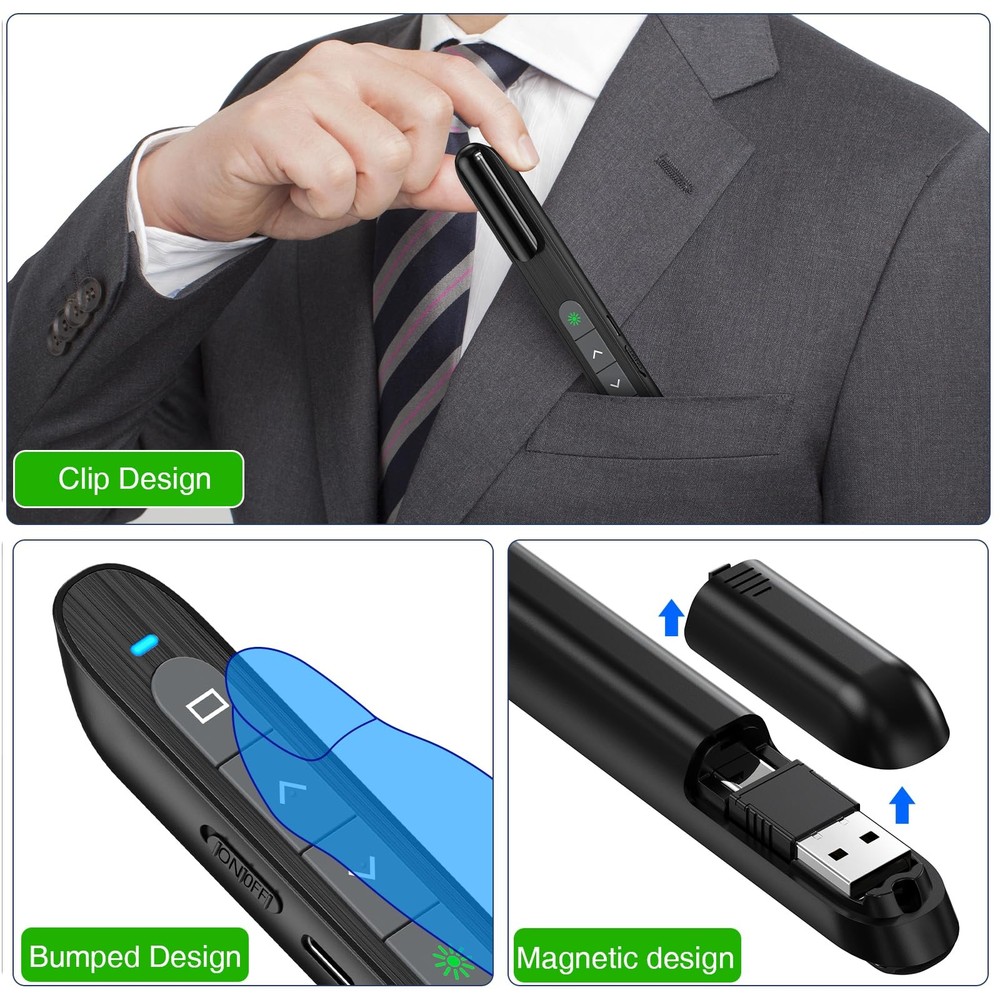USB C Wireless Presentation Clicker with Green Light & Volume Control