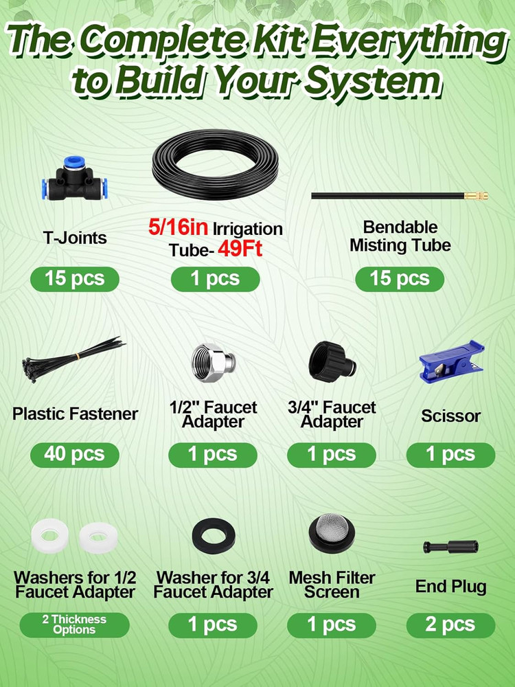 49Ft Drip Irrigation System Kit - Includes 15Pcs 360° Adjustable Sprayers, 5/16"