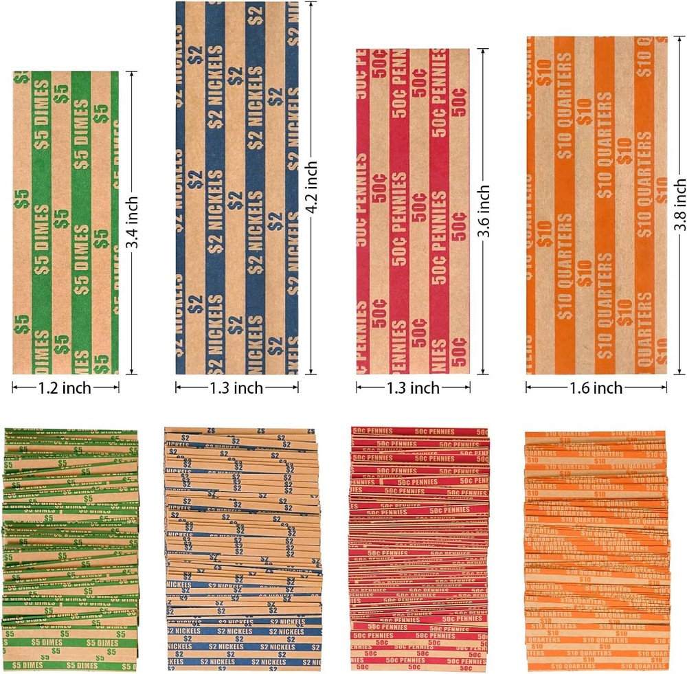 ESSENTIAL 100 pcs Assorted Packed Flat Stripped Coin Wrappers,Coin Rolls Wrapper