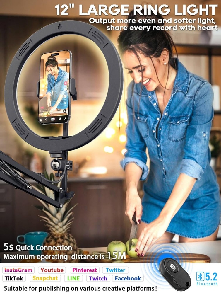 Upgrade Ring Light Overhead Phone Mount, 12”Circle LED Black (with RingLight）