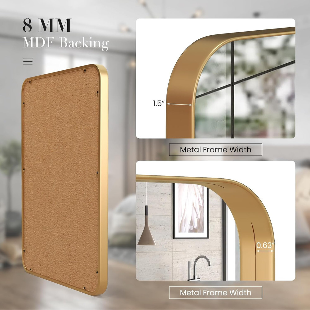 Metal Framed Bathroom Mirror for Wall, 20 X 32 Inch Rounded Rectangle Mirror, Ma