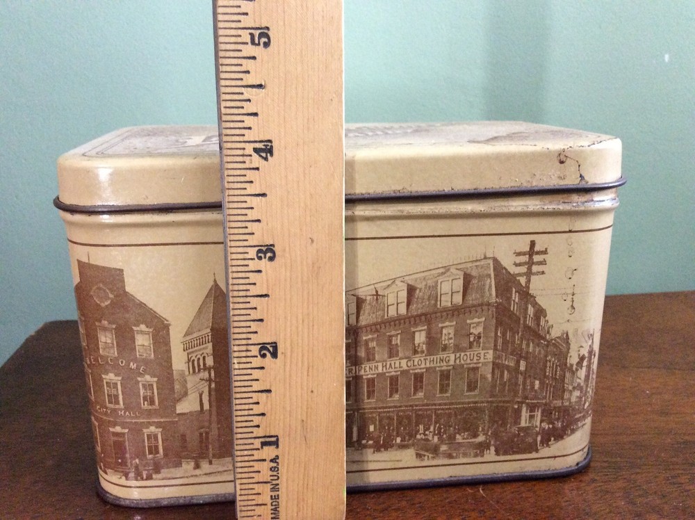 Lancaster County Candy Hinged Tin Panoramic View Penn Square 1905 on side ✔
