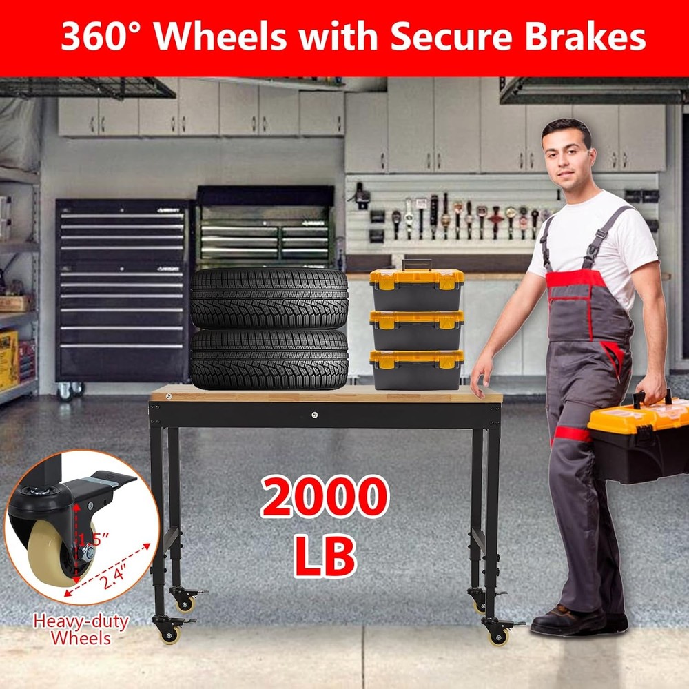 48"x24"Garage Workbench&Wheels&Power Strip Work Table|2000LBS Adjustable Height
