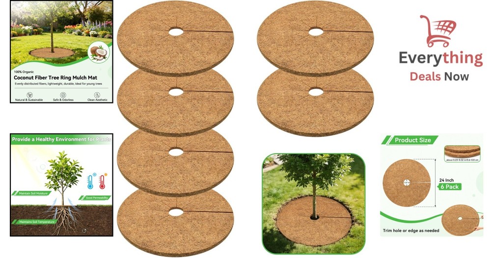 24" Coconut Fiber Mulch Ring 6-Pack, Natural Coco Coir Tree Protector Weed Mat