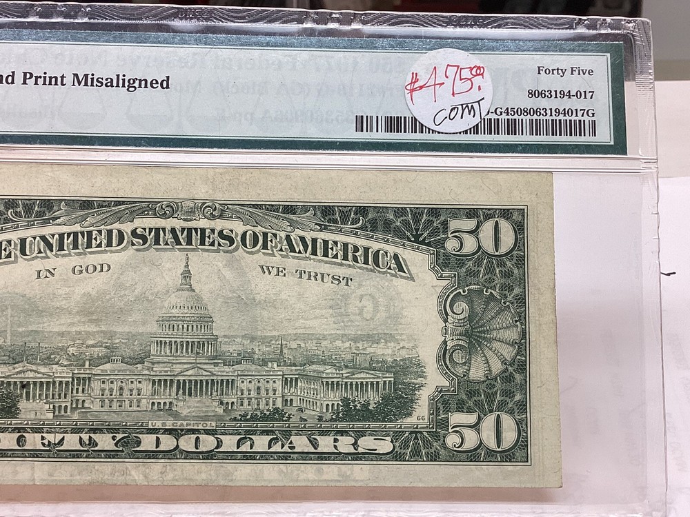 $50 1977 PMG 45 Misalignment Error Second Print Fr#2119-G