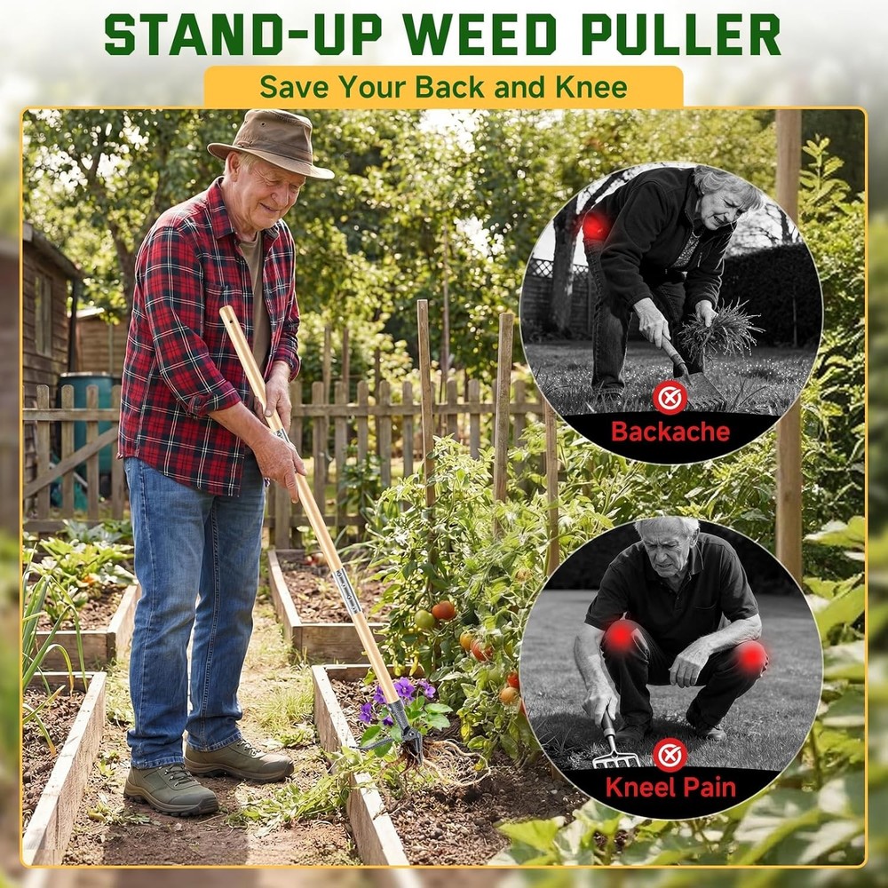 Weed Puller Tool Stand Up Heavy Duty Weed Remover Tool W/ Long Handle & 4-Claw