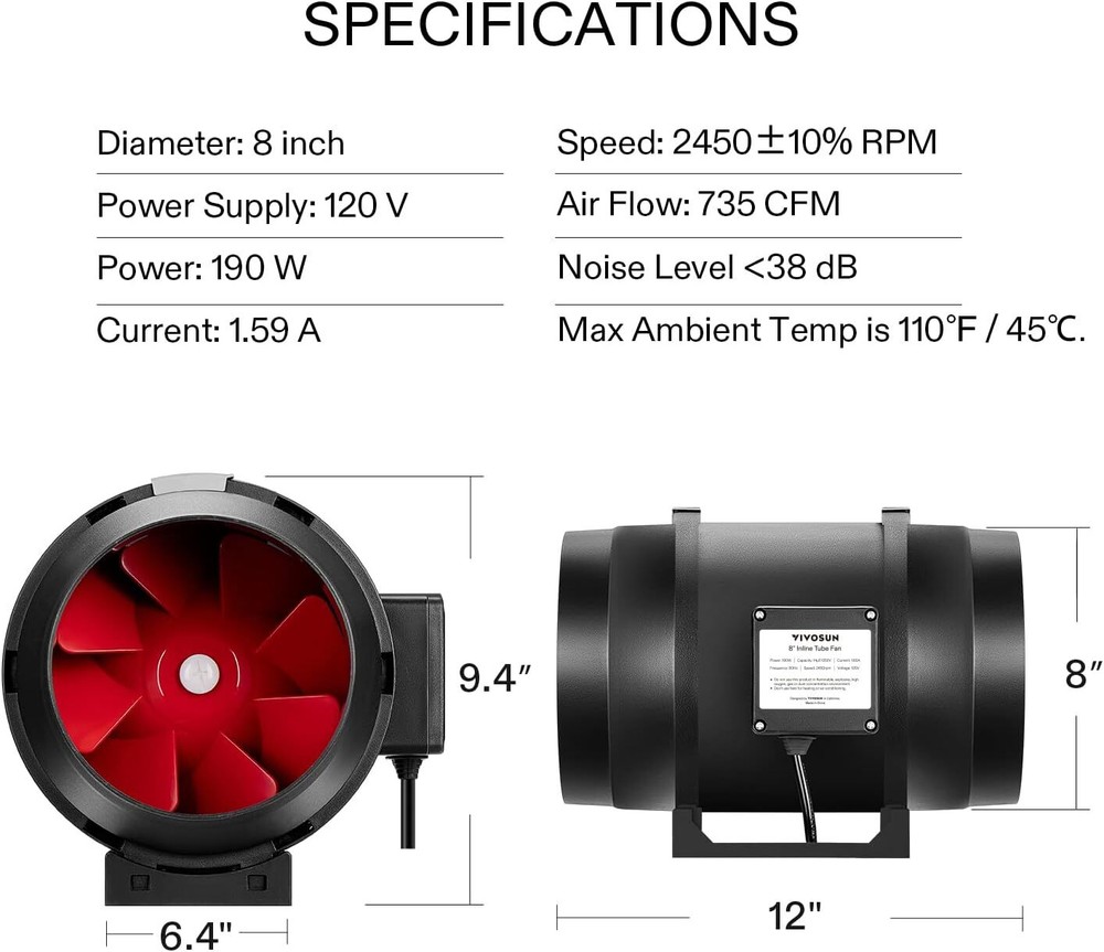 Vivosun 8" Inline Duct Fan 720CFM HVAC Exhaust Blower Variable Speed Controller
