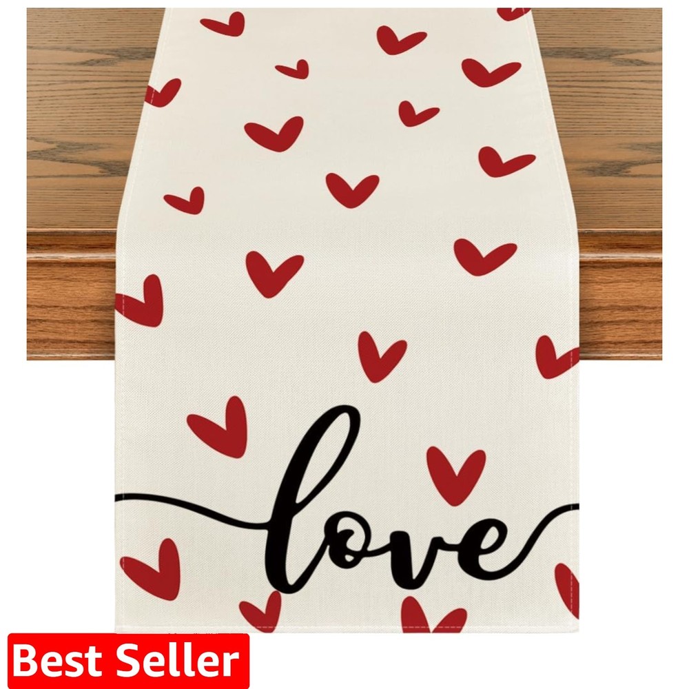 White Love Valentine's Table Runner, Seasonal Anniversary Kitchen Dining Tabl...
