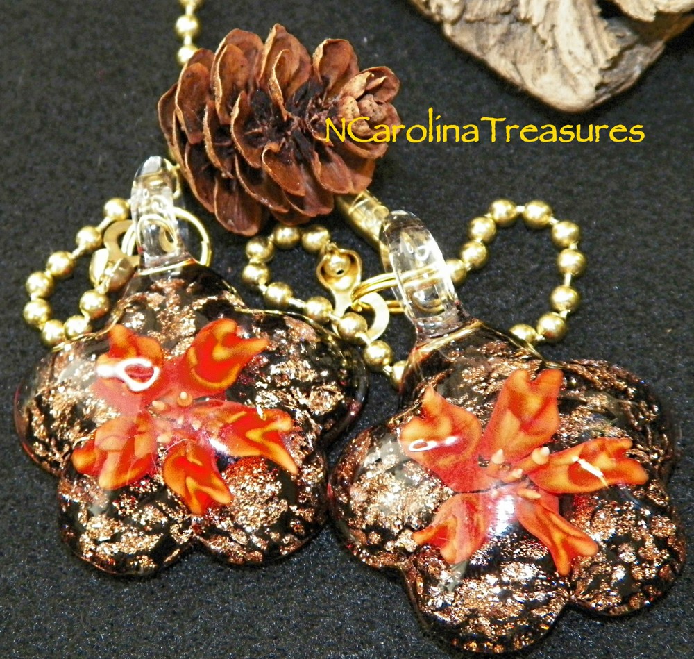 RED FLORAL STAR BLACK GLITTER GLASS CEILING FAN LIGHT SWITCH PULL PULLS LG PAIR