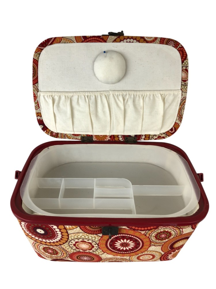 Dritz St Jane Sewing Basket Medium Rectangle Red Orange Circles Fabric Covered