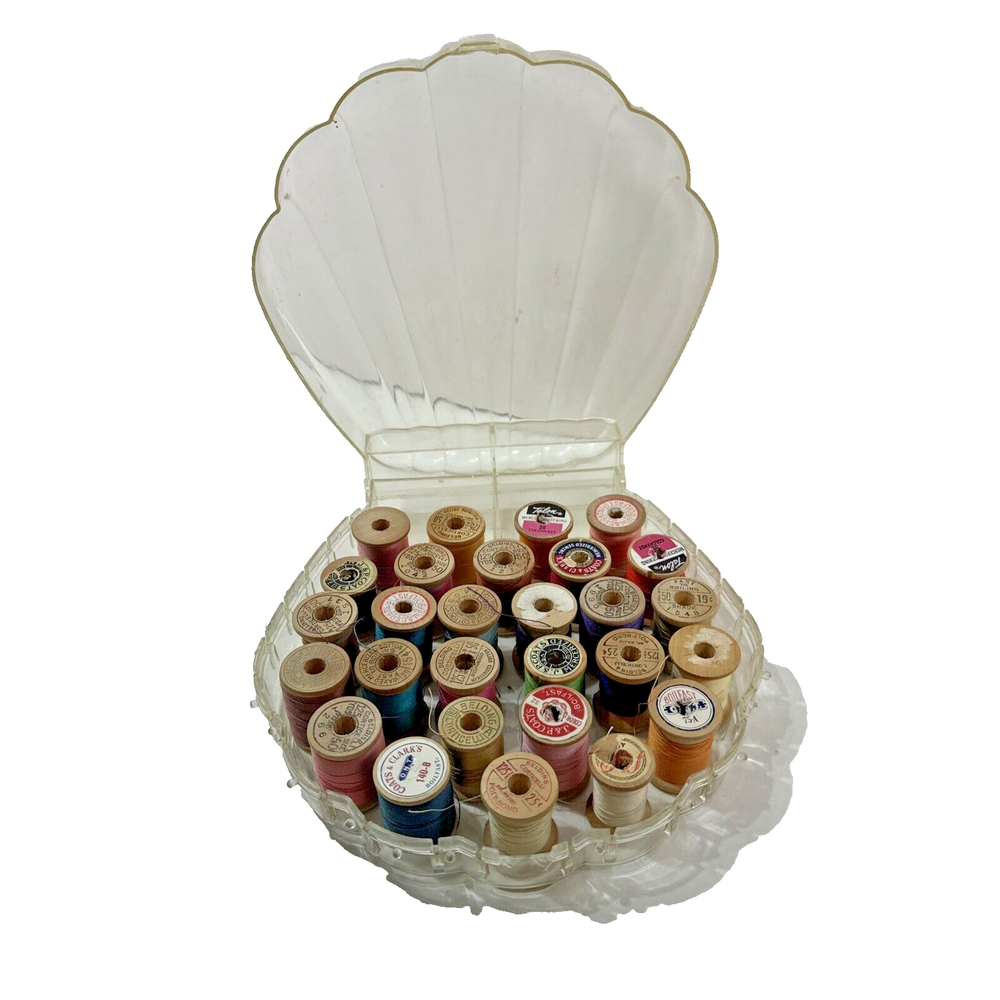 Vtg Plastic Clear Acrylic Thread Spool Holder Seashell Clam Shell Shape w Thread