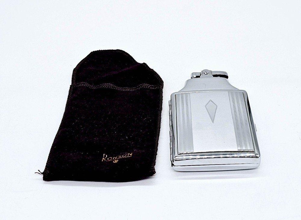 Ronson Cigarette Lighter & Case Combo w Pouch Art Deco Chrome Plated Mastercase
