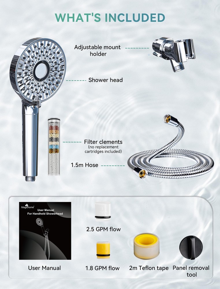 Magichome Filtered Shower Head with Handheld, High Pressure 10-Spd Silver