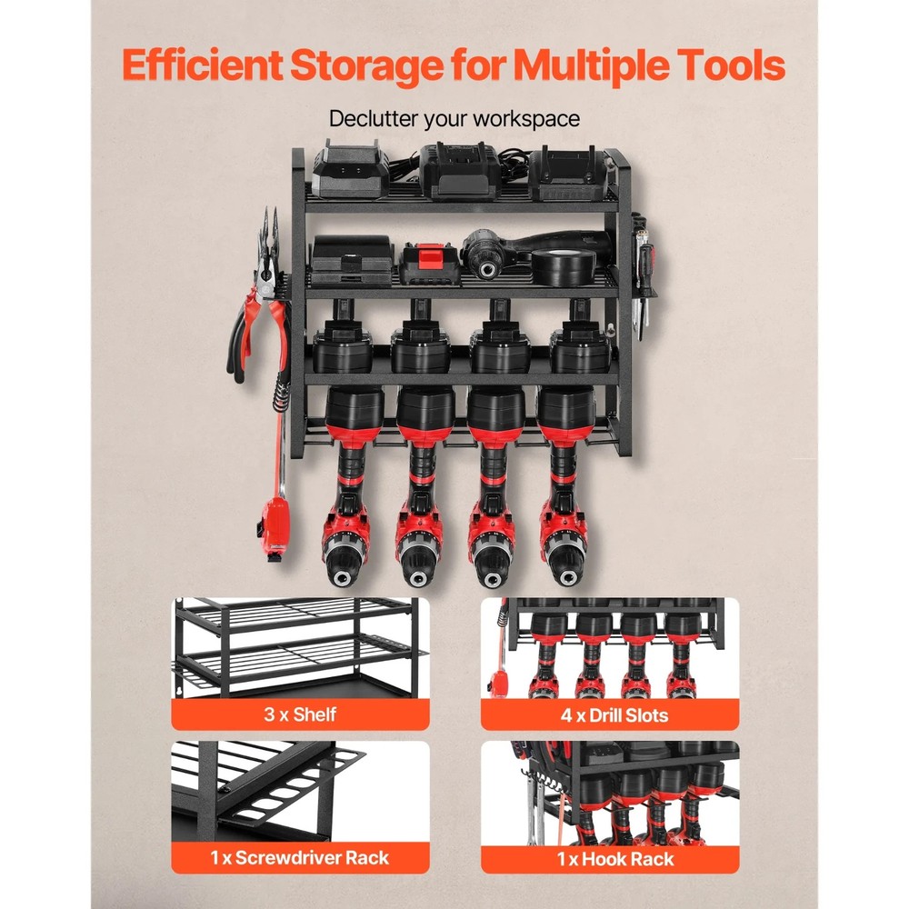 Wall Mounted Power Tool Organizer 4 Tier Drill Holder Storage Rack Garage