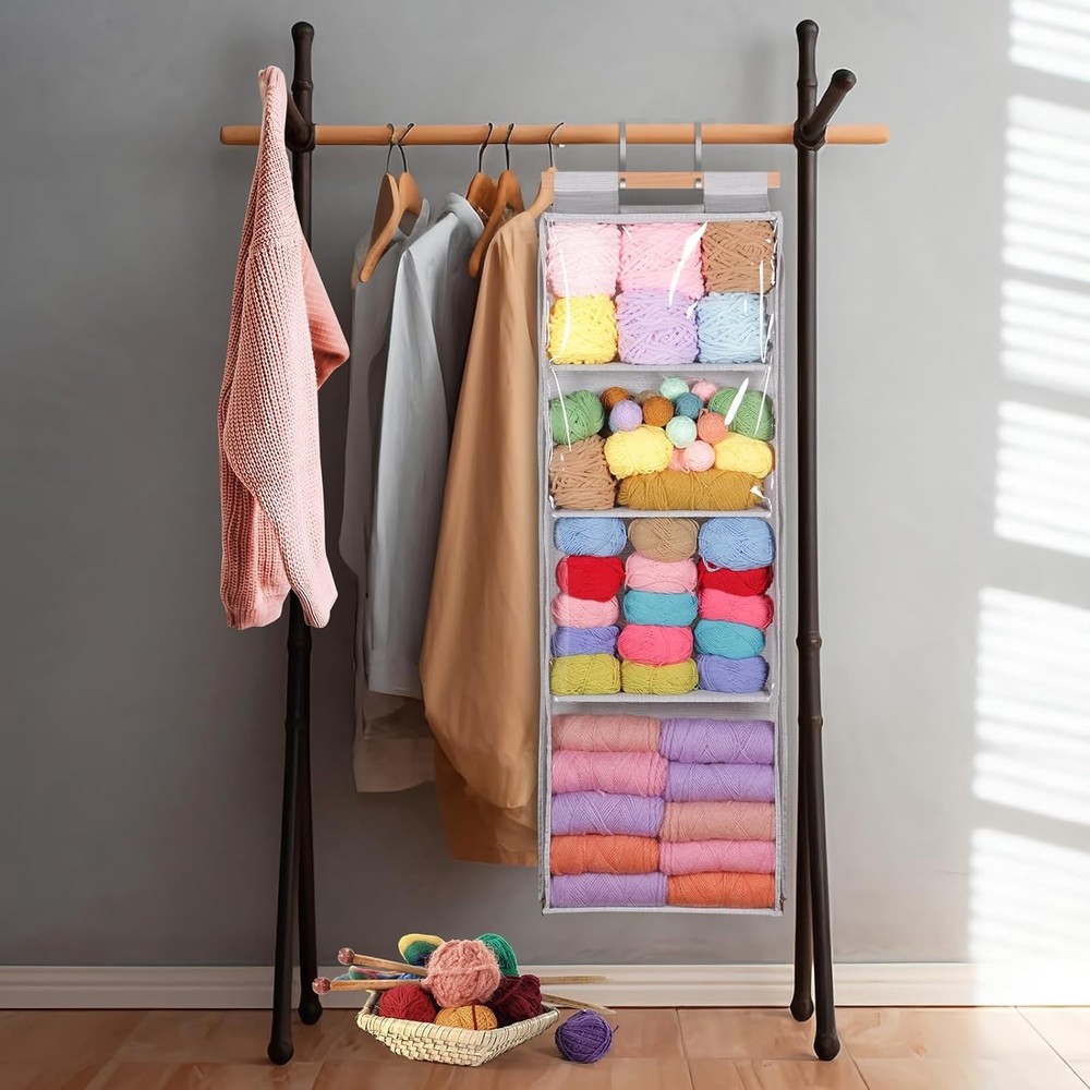 Yarn Storage Organizer with 4 Large Pockets Durable Dustproof Hanging Solution