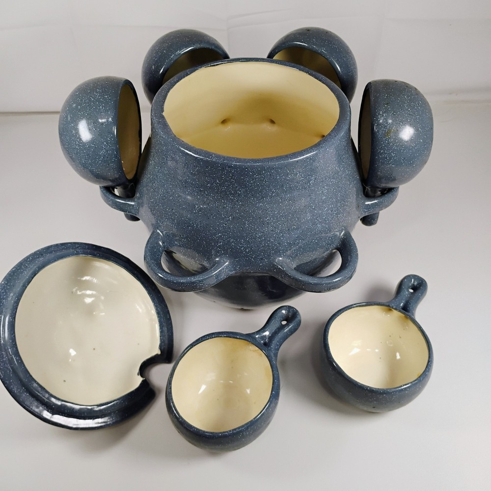 Ceramic Soup Pot Self Holding with Five Handled Bowls Blue Speckle
