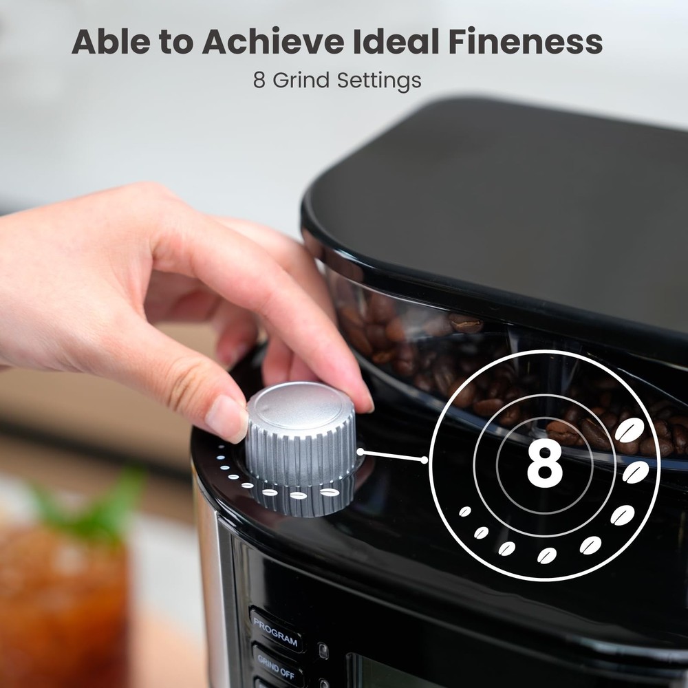 10-Cup Drip Coffee Maker with Built-in Grinder, Programmable Brew Coffee Machine