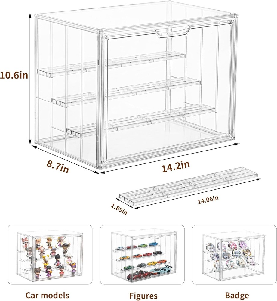 Adjustable Acrylic Display Case 3 Pack, 4-Layer, Magnetic Door, Stackable, Hobby