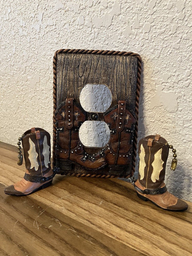 3pc Set 2 Cowboy Boots Ceiling Fan Pulls & Switch Cover