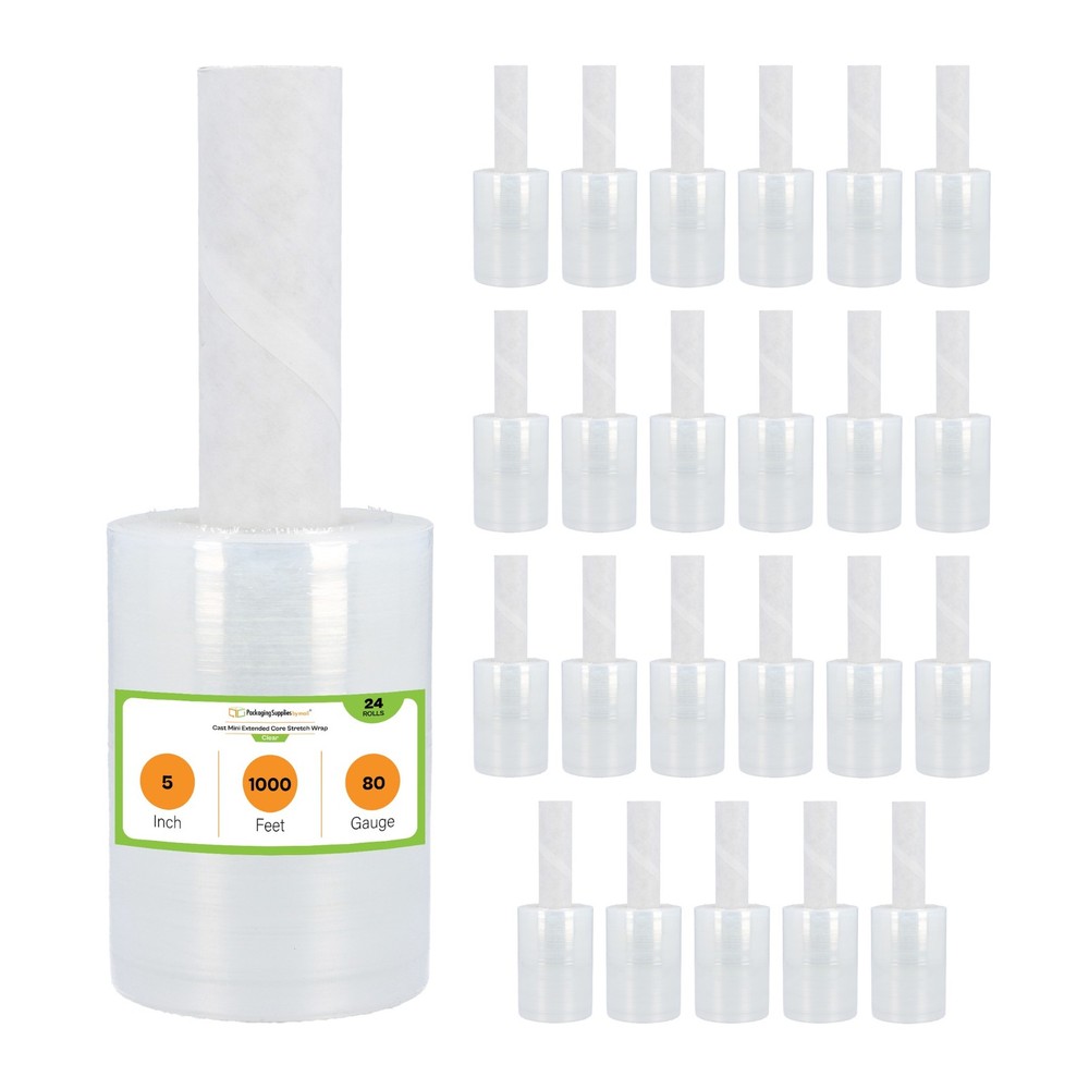 Clear Mini Stretch Shrink Wrap, 24 Rolls, 5"x1000', 80 Ga, Pre-Attached Handles