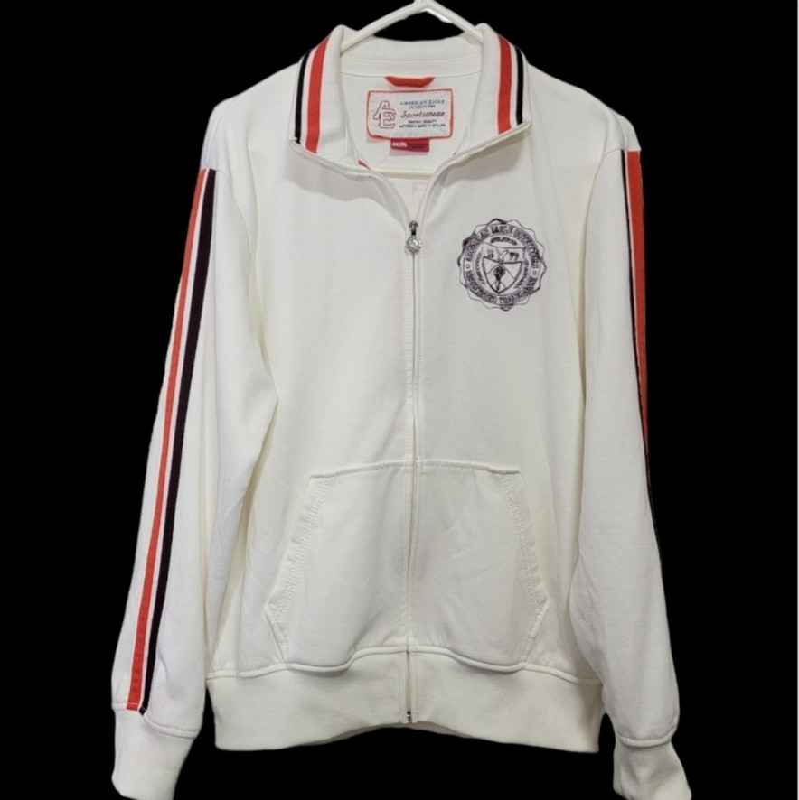 American Eagle Outfitter Varsity Style jacket Size M cream beige front zip Poly