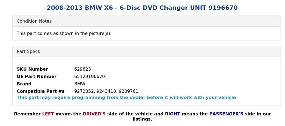 2008-2013 BMW X6 - 6-Disc DVD Changer UNIT 9196670