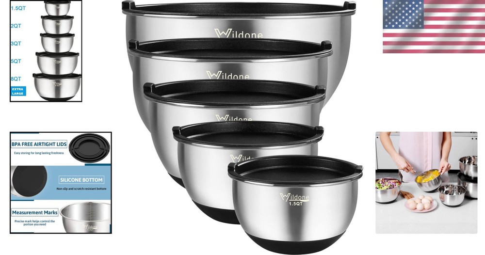 Versatile 5-Piece Mixing Bowl Set - Includes Airtight Lids and Stackable Design