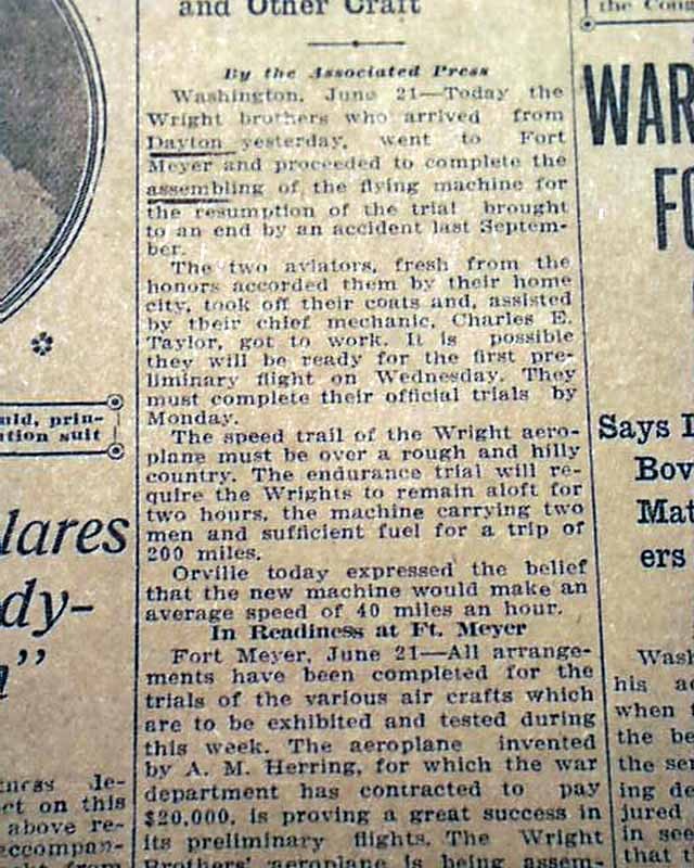 Orville WRIGHT BROTHERS Airplanes Aviators Fort Meyer Flight Tests '09 Newspaper