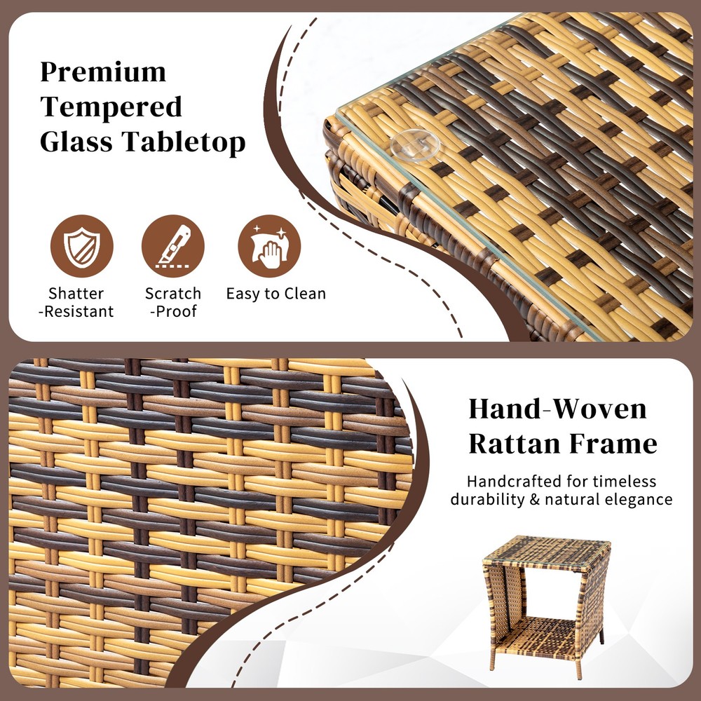 Glass Surface Yellow Gradient Iron Frame Rattan Side Table