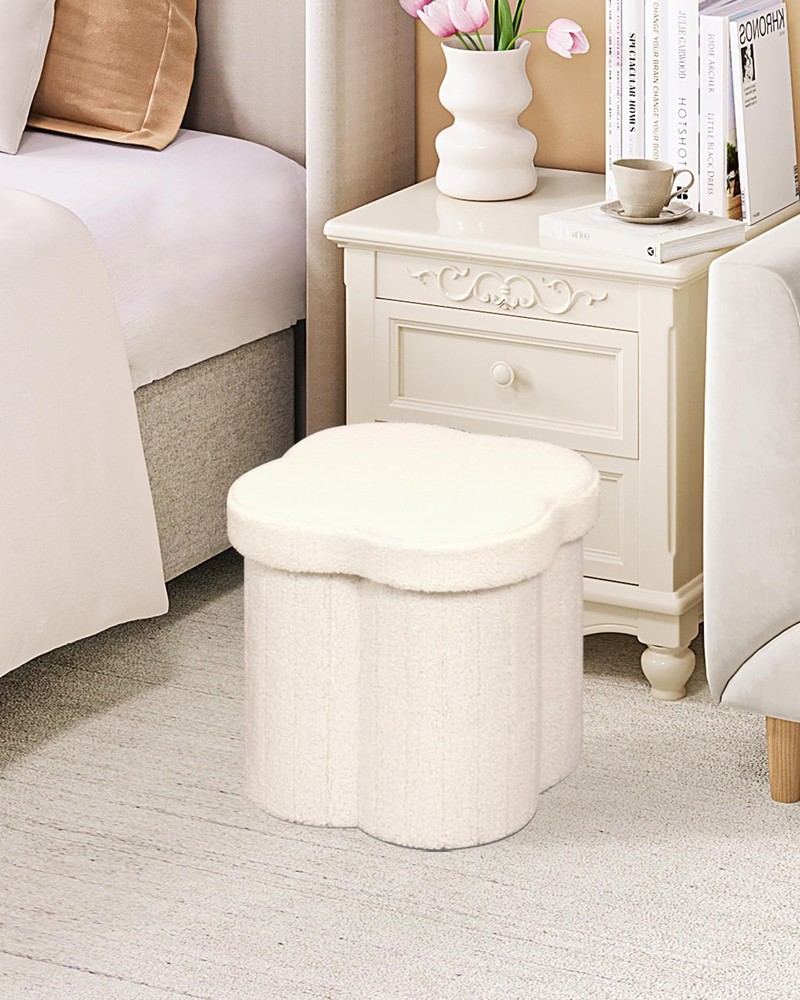 Teddy Fur Ottoman, Flower Shaped Storage Cube, Compact Footrest