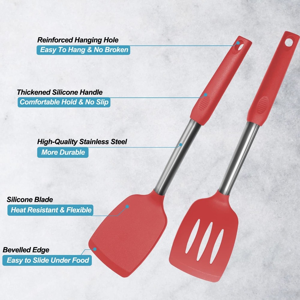 2 Pack Spatulas, Solid & Slotted Silicone Spatula Set, Stainless Steel Handle...