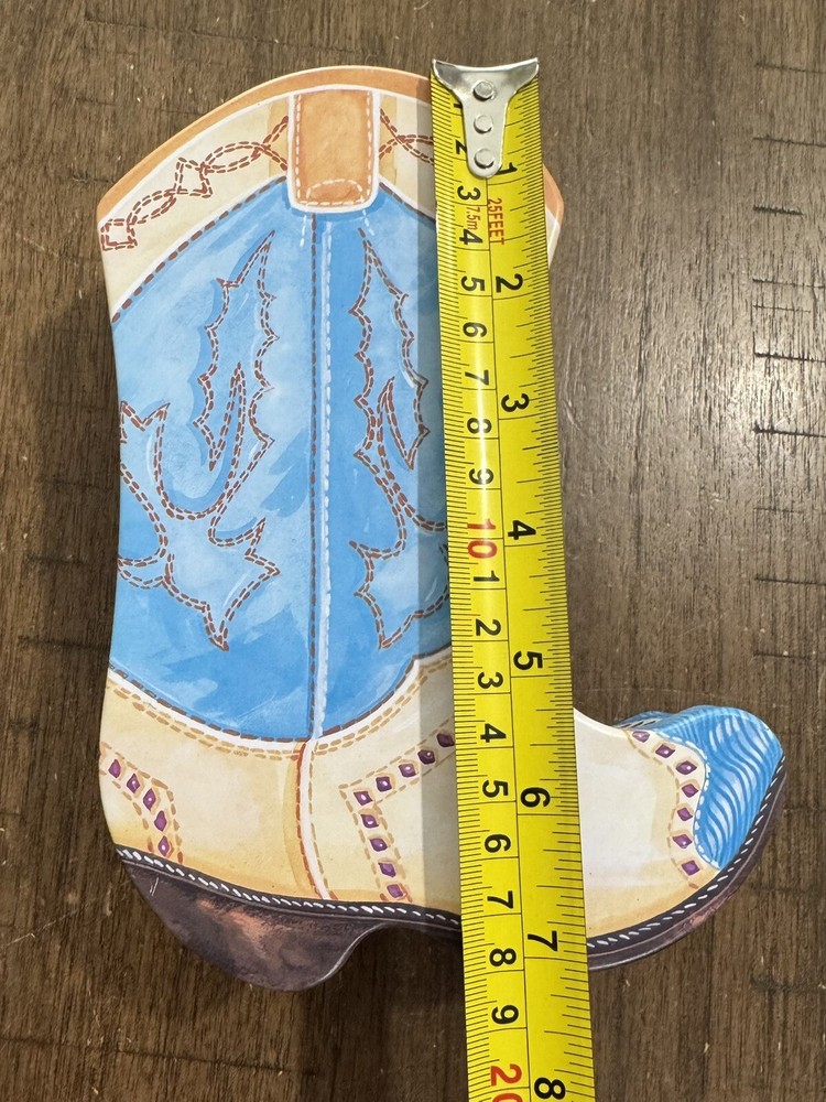Tin Box Cowboy Boot Style 7" Bears Playing Instruments Square Dancing Inside EUC