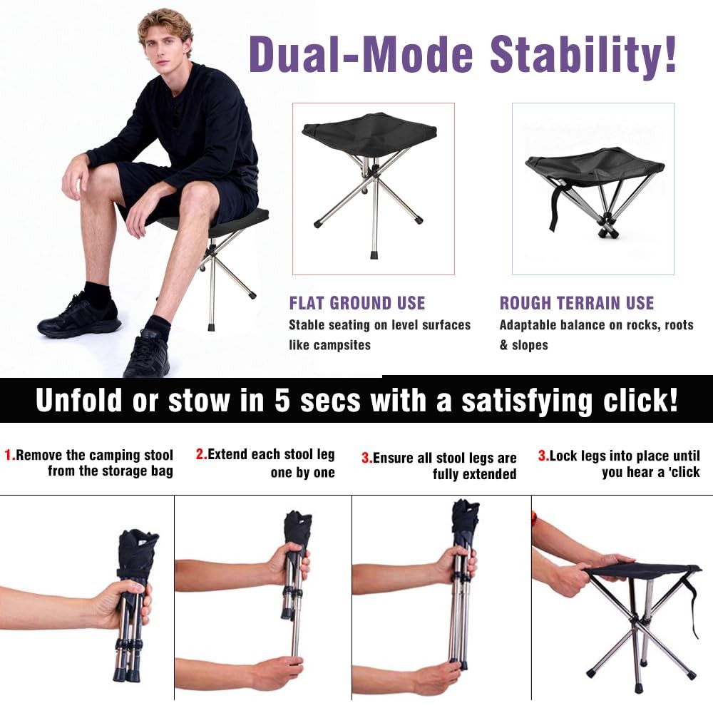 ® Ultra-Light Camping Stool - 1-Second Quick Setup, Adjustable Height & Folda...