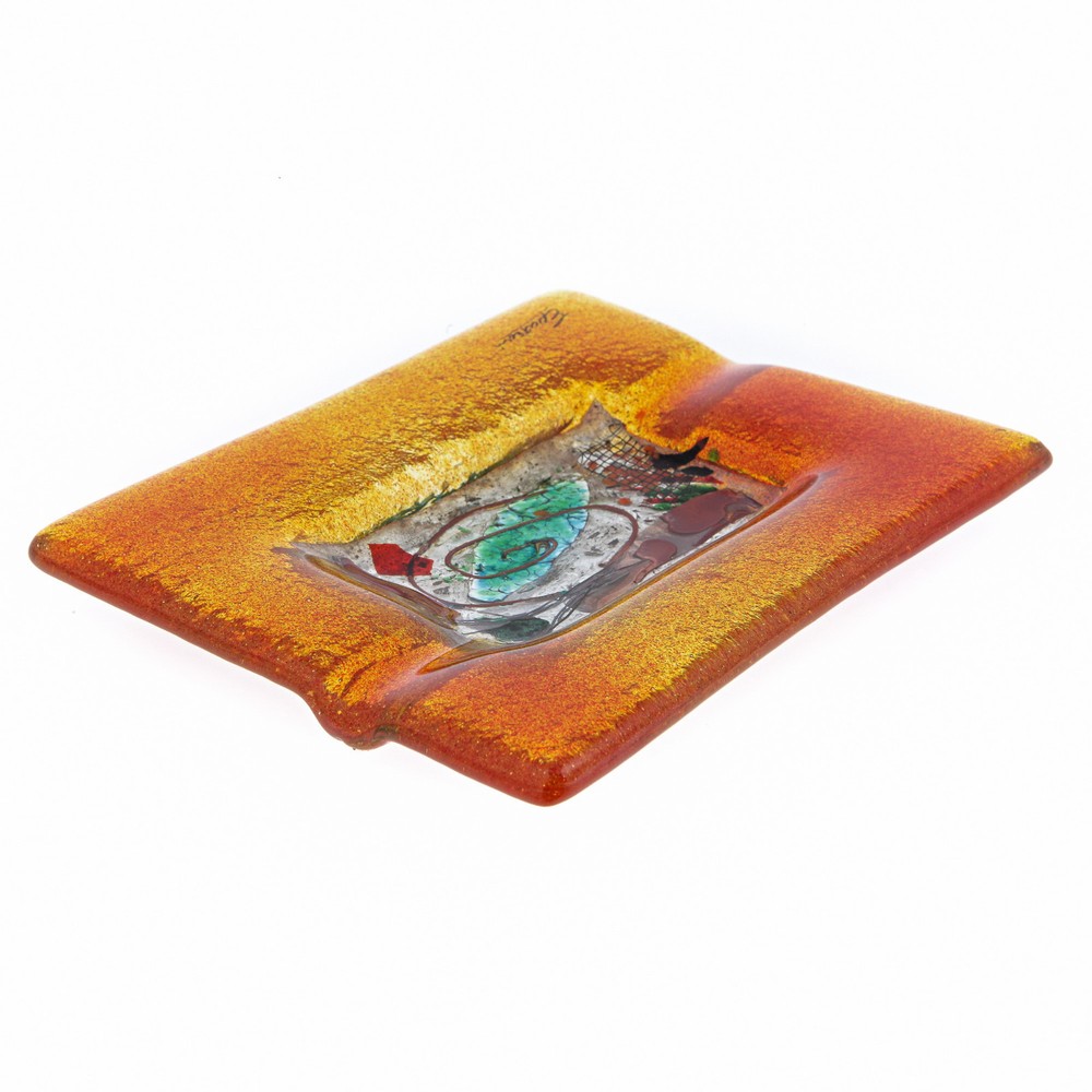 Fused Glass Handmade Rectangular Ashtray, Decorative Smoking Accessory, Orange