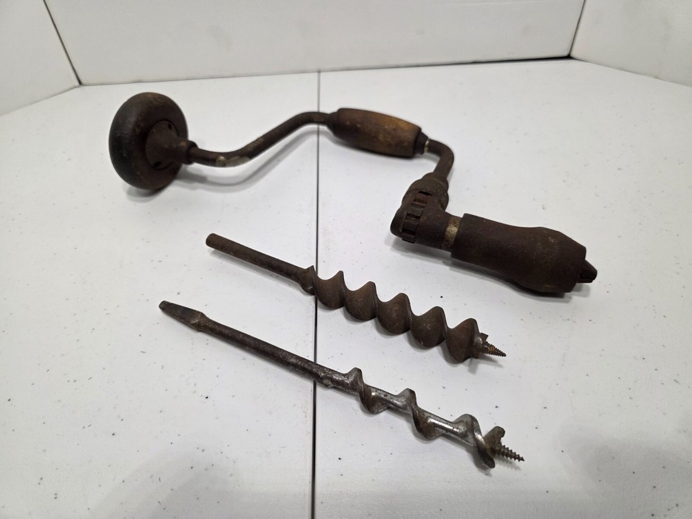 Vintage Hand Drill with 2 Bits / 13" Overall