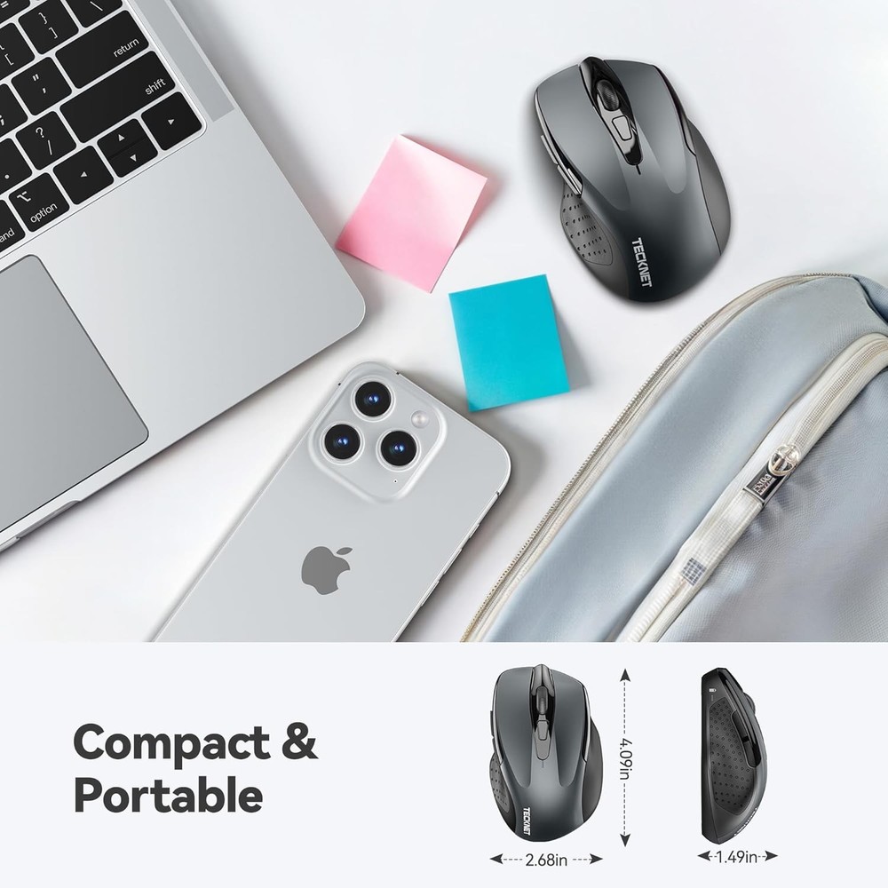 TECKNET Wireless Mouse, 2.4G Ergonomic Optical Computer Mouse for Grey