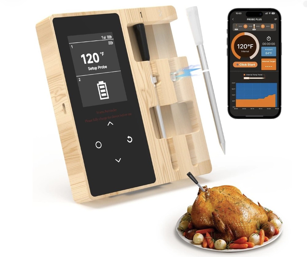 Smart Wireless Meat Thermometer with 2Color-Coded Probes,Standalone Display Base