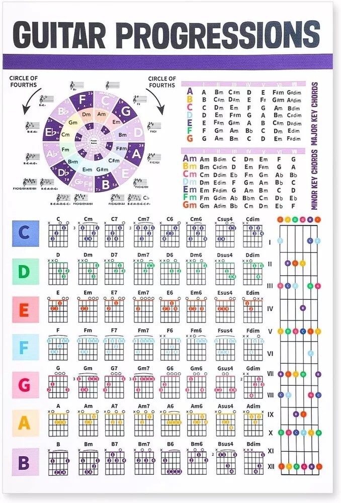 Laminated Guitar Chord Chart & Circle of Fifths Reference Guide for Beginner