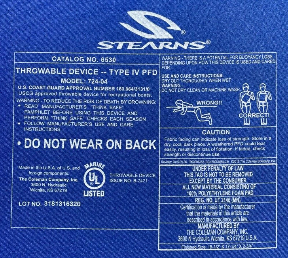 Stearns Utility Flotation Cushion, USCG Approved Type IV Throwable PFD Boat Cush