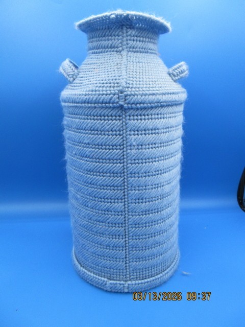 Plastic Canvas Milk Jug Light Blue with Rustic Barn Scene Hand Made