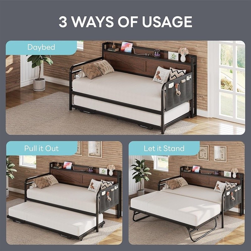 Versatile Twin Sofa Bed Sturdy Metal Frame Easy Install W/ Storage Charging New