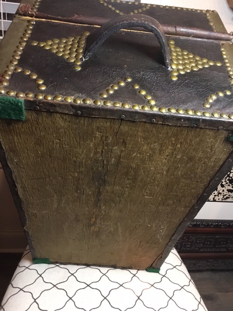 AUTHENTIC ANTIQUE PORTUGESE STUDDED LEATHER STORAGE TRUNK