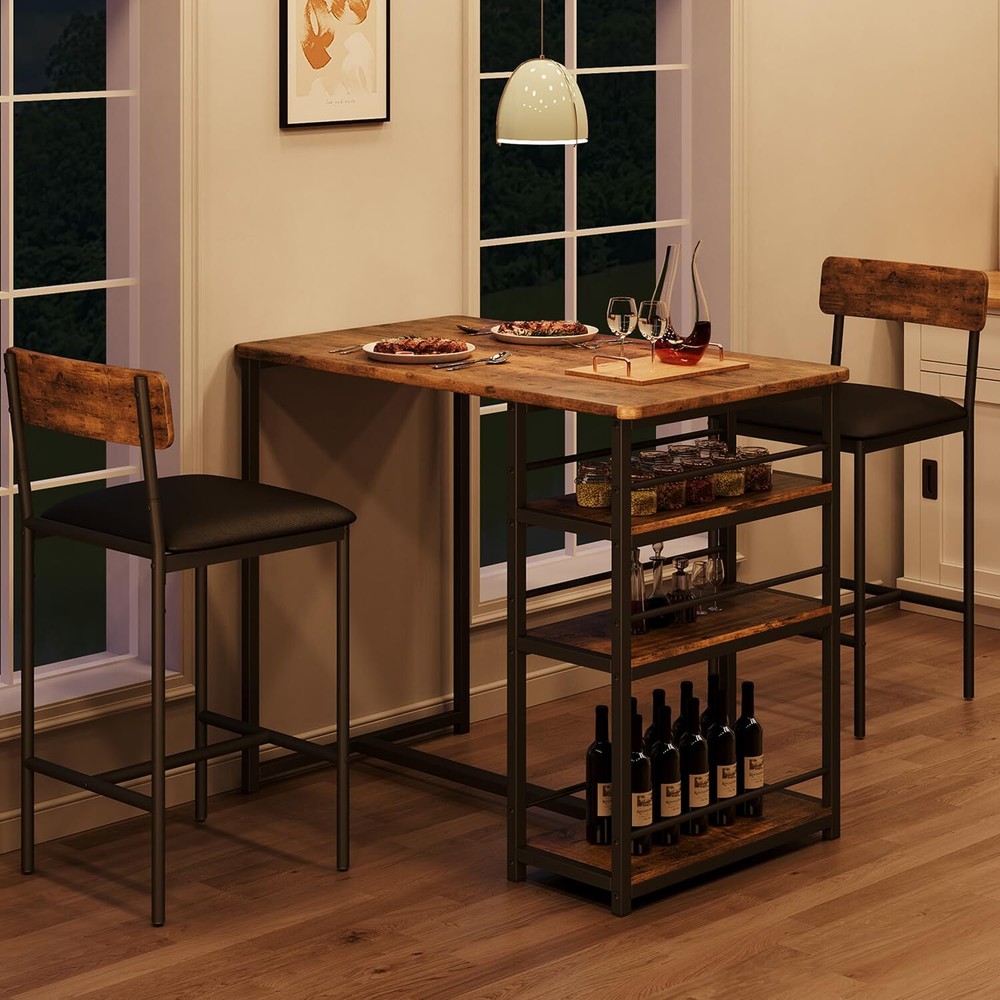 Modern Dining RoomTable Set for 2 Kitchen Table with 2 Chairs w/ Storage Shelves