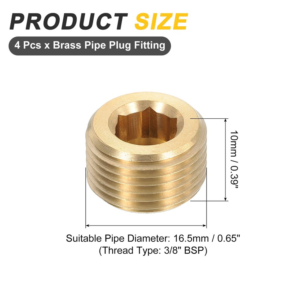 4Pcs Brass Pipe Plug Fitting 3/8" BSP Male Internal Hex Thread Socket Pipe Plug
