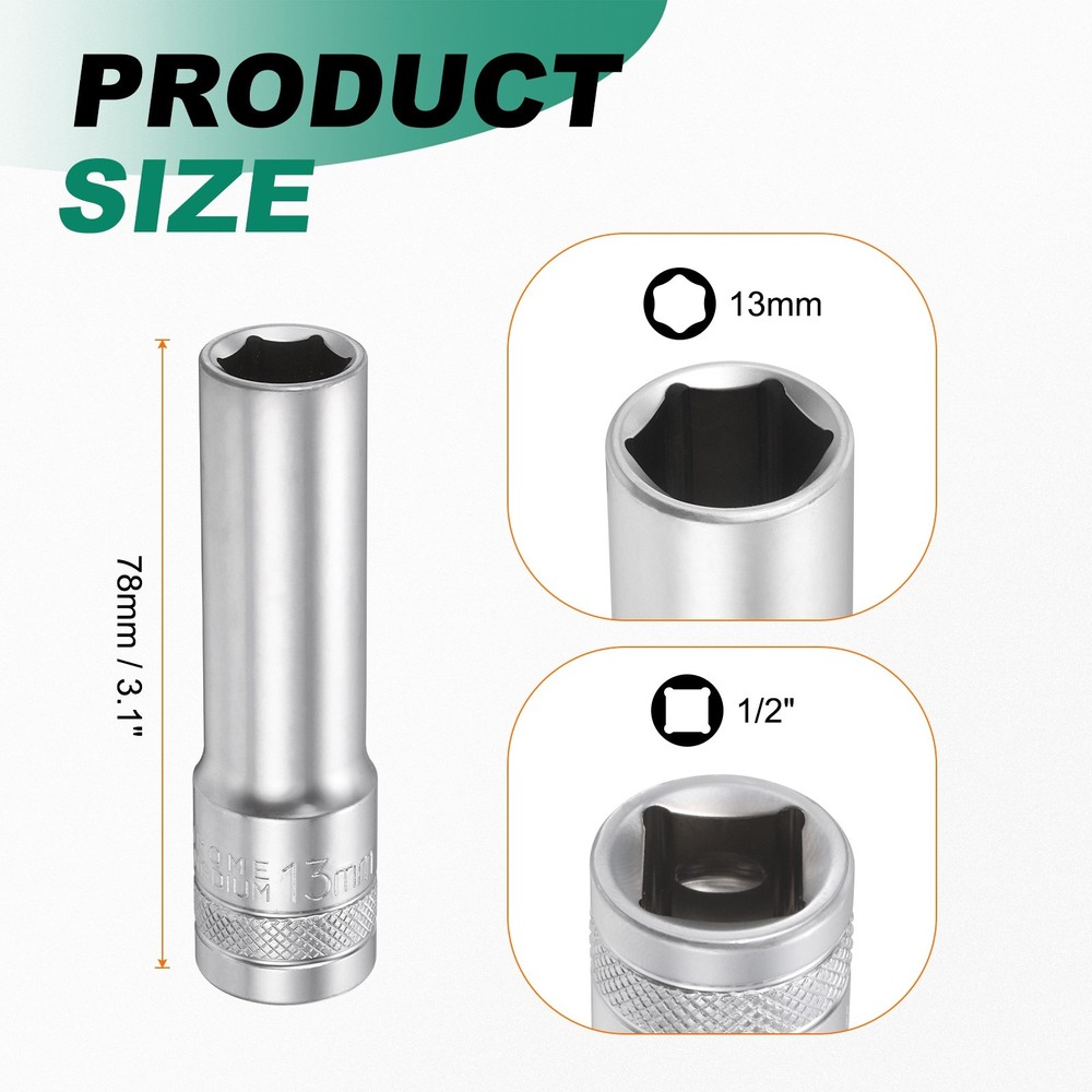 2pcs 6 Points Deep Socket 1/2" Drive 13mm Nickel Plating Hex Socket 3.1" Long