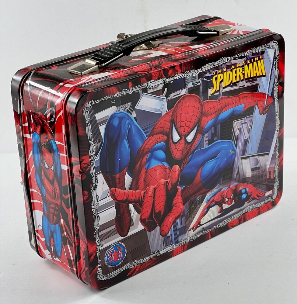 Spiderman Lunch Box Metal Embossed Black Handle