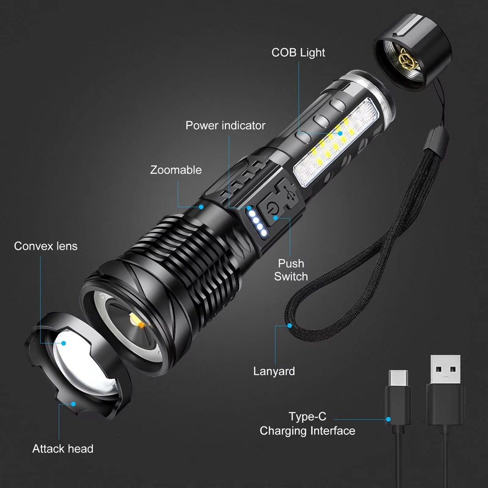 99000000LM Super Bright LED COB Tactical Flashlight USB Rechargeable Work Light