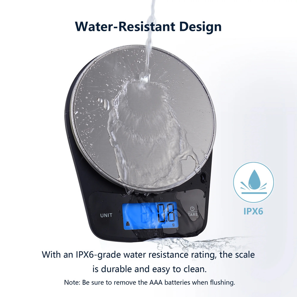 Waterproof Food Scale Digital Kitchen Scale Blue Backlit LCD Tare Function