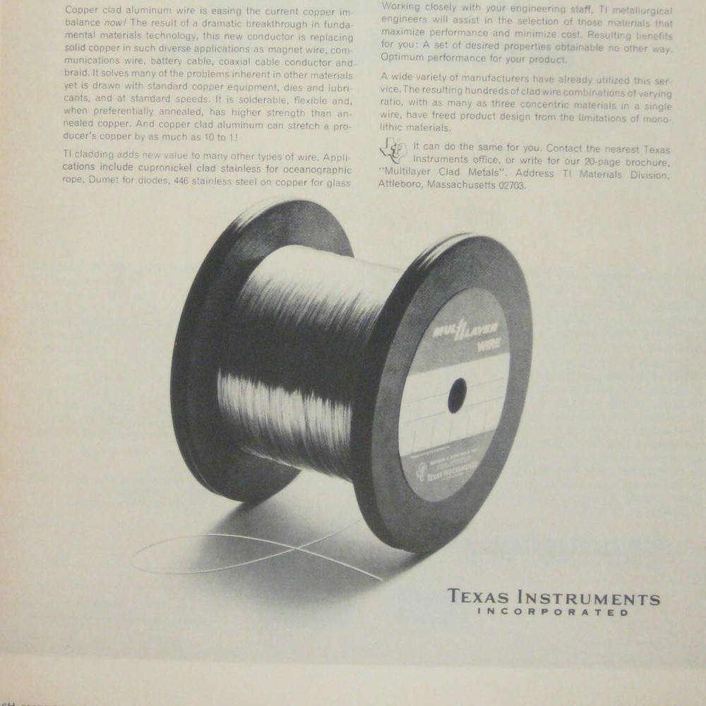 Vintage Texas Instruments Clad Wire Print Ad 1966